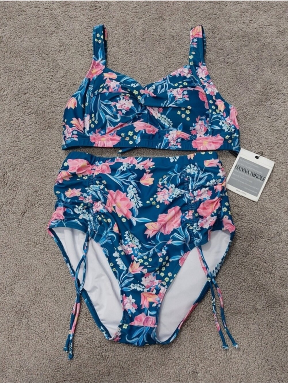 Hanna Nikole Bikini Swimsuit Set Size 12W Blue Pink Floral High Waist
